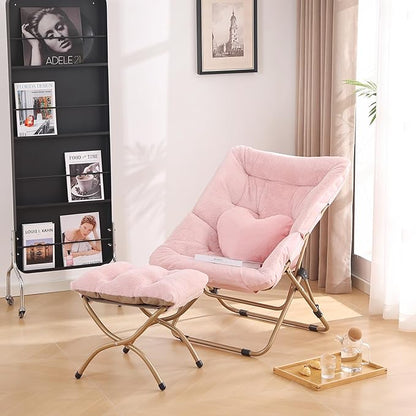 Comfy Saucer Chair with Ottoman, Oversized Folding Faux Fur Chair Soft Furry Lounge Lazy Chair with Metal Frame Moon Chair Accent Chair for Bedroom, Living Room, Dorm Rooms