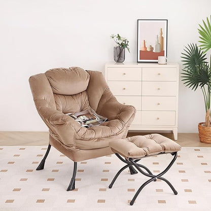Lazy Chair with Ottoman, Modern Chair with Folding Footrest, Lounge Accent Chair, Comfortable Reading Chair, Oversized Armchairs for Bedroom, Study, Living Room, Courtyard (Khaki)