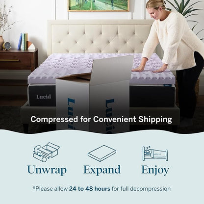 LUCID 3 Inch 5 Lavender Memory Foam Plush-Calming Targeted Convoluted Comfort Zones Mattress Topper, Queen