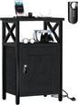 Wooden Nightstand with Charging Station, Bed Side Table with Drawers, Bedside Table with Lock, 3 USB & 2 Outlets, Night Stand with Storage, End Tables for Living Room, Bedroom, Dorm, Black