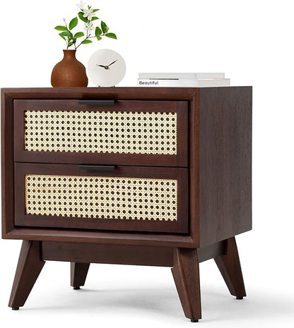 Bme Jasper Deluxe Solid Wood Rattan Nightstand Fully Assembled-Mid Century Modern Side Table with 2 Drawers-Multipurpose use for Living Room, Bedroom-Walnut