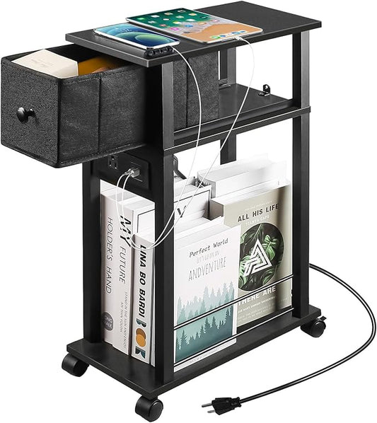 Side Table with Charging Station and Drawer, Narrow End Table with USB Ports and Outlets for Small Space, Living Room, Bedroom and Office, with 4 Wheels (1, Black)