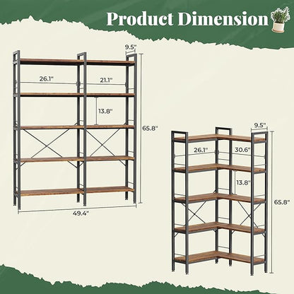 Huuger 5 Tier Bookshelf, L Shaped Corner Bookshelf with 10 Open Shelves, 49.4 Inch Straight Wide Bookcase with Metal Frame and Wooden Board, Adjustable Feet, Rustic Brown
