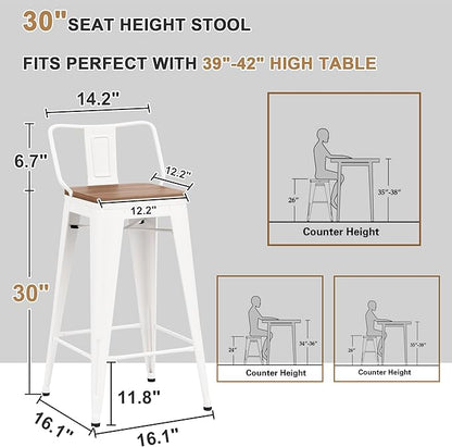 30 Inch Swivel Bar Stools Set of 4 with Backs Counter Height Industrial Metal Barstools Island Bar Chairs for Home Kitchen Dining Room (Swivel 30 inch, White Wooden)