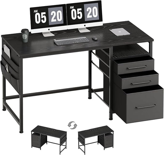 Ｍａｉｈａｉｌ Maihail Small Desk with Drawers, 47 inch Computer Desk with Shelves, Writing Desk with Storage, Small Office Desk with Metal Frame, Black