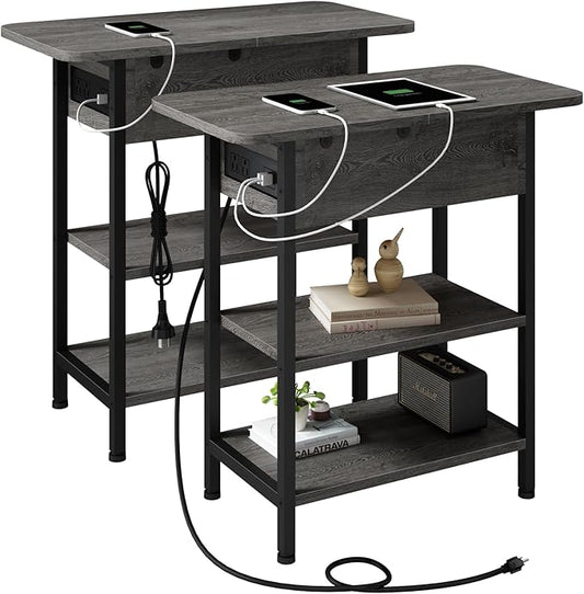 LIDYUK End Table with Charging Station, Flip Top Narrow Side Table for Small Spaces, Nightstands Set of 2 for Bedroom, End Tables Living Room Set of 2 with Storage Shelf, Dark Grey
