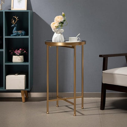 HollyHOME Small Round Metal Waterproof End Table, Accent Indoor&Outdoor Coffee Side Table, Snack Sofa Table for Living Room, Anti-Rust Decorative Plant Stand, (D) 14.5" x (H) 25", Gold/Grey