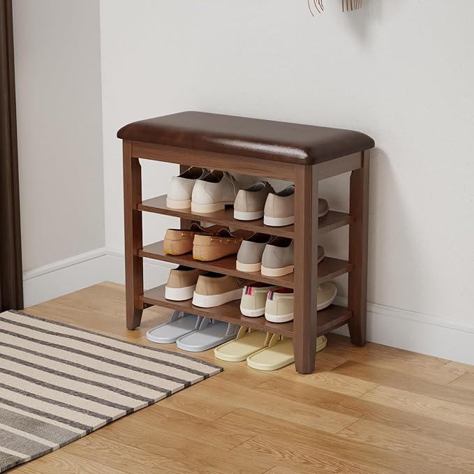 Shoe Bench with Leather Cushion, 3 Tiers Shoe Storage Bench Height Adjustable, Walnut Wood Entryway Bench for Hallway, Mudroom