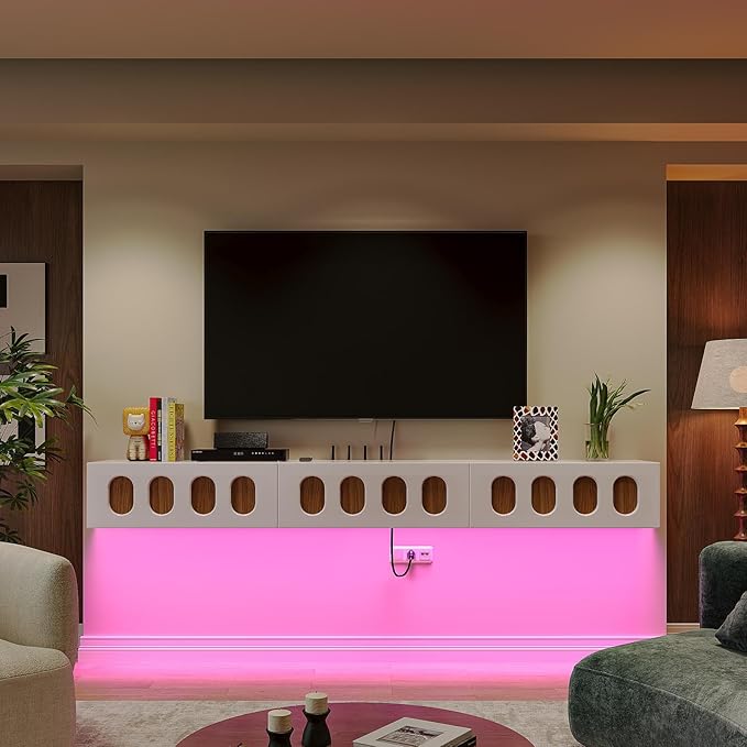 Floaticase Floating TV Stand, 70IN Fully Assembled High Gloss Wall Mounted Entertainment Center with Flip-Down Doors & Drawers, TV Console Under TV Shelf for Bedroom Livingroom