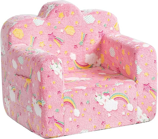Tiita Kids Couch Plush Toddler Chair, Cloud-Like Glow in The Dark Kids Sofa Toddler Reading Chair with Washable Cover Carrying Handle, Convertible Children Sofa Chair for Girls and Boys