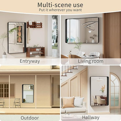 Koonmi Black Wall Mirror for Bathroom, 36x55 Inch Matte Deep Framed Rounded Rectangle Vanity Mirror for Farmhouse Living Room, Tempered Glass, Anti-Rust, Vertically or Horizontally