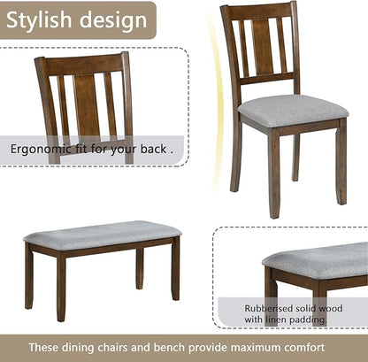 KEIKI 6-Piece Standard Height Dining Table Set with Rectangular Table, 4 Upholstered Slatted Backrset Chair, Bench, for 6 Person, Modern Table Set, Easy Assembly, for Kitchen, Dining Room, Walnut