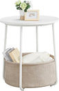 VASAGLE Small Round Side End Table, Modern Nightstand with Fabric Basket, Matte White and Camel Brown ULET223W10