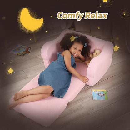 Comfy Toddler Chair, 2-in-1 Toddler Couch Fold Out, Convertible Sherpa Sofa to Lounger for Boys & Girls, Pink