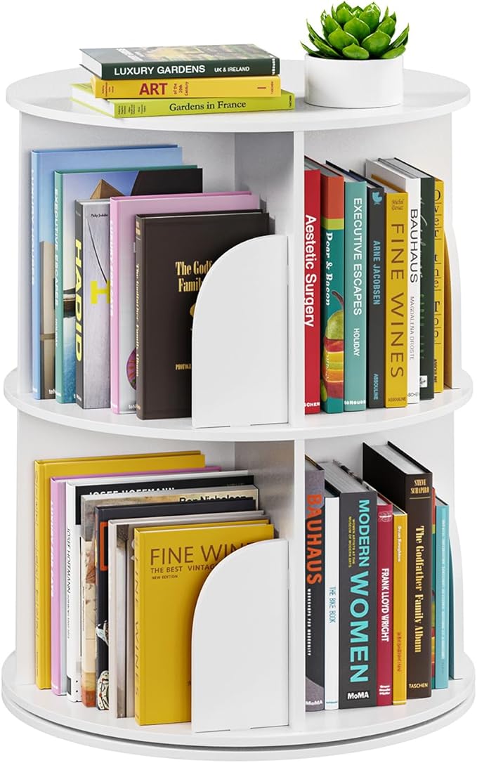 SpaceAid 2 Tier Rotating Bookshelf Tower, Spinning Bookcase Lazy Susan, Revolving 360 Book Shelf Storage Round Carousel, Vertical Rotate Turning Spiral Corner Organizer, White