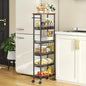 6 Tier Slim Storage Cart with Handle, Rolling Kitchen Laundry Room Storage Cart with Wooden Top, Narrow Metal Bathroom Trolley on Wheels for Small Space, Mobile Shelving Unit, 7.9in(W)