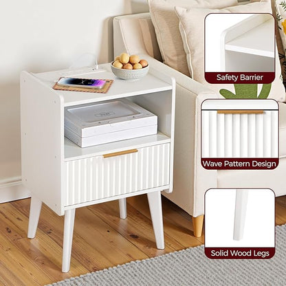 Fluted Nightstand, End Table, Small Modern Bedside Table with Charging Station, Side Table with Drawer, for Small Spaces, Bedroom, Living Room, White ETWT61E01N1
