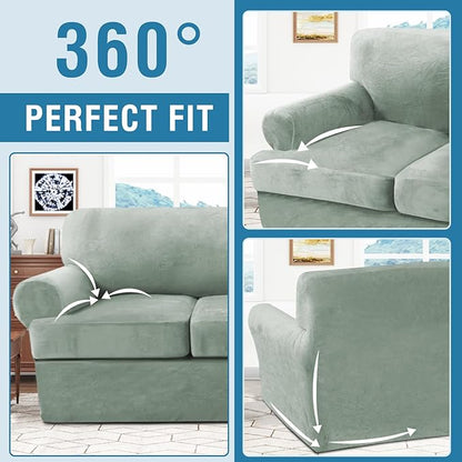 H.VERSAILTEX Sofa Cover 3 Piece T Cushion Sofa Slipcovers Thick Velvet Couch Cover Stretch T Cushion Sofa Covers for 2 Cushion Couch with 2 Individual T Cushion Covers Washable, Sea Grass