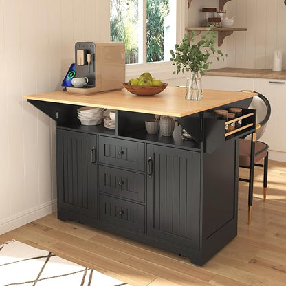 56" Large Kitchen Island with 2 Drop Leafs,Rolling Kitchen Cart on 5 Wheels W/Power Outlet & 3 Drawers,Folding Storage Dining Table W/Spice & Towel Racks,for Kitchen,Dining Room,Black
