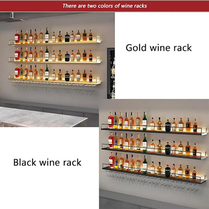 Wall-Mounted Metal Wine Rack with LED Lights 3-Tier Floating Bar Shelves with Wine Glass Rack Large Wine Bottle Display Rack Hanging Shelf, for Home Bar Dining Room Decorative (Gold, 120cm/47.2in)