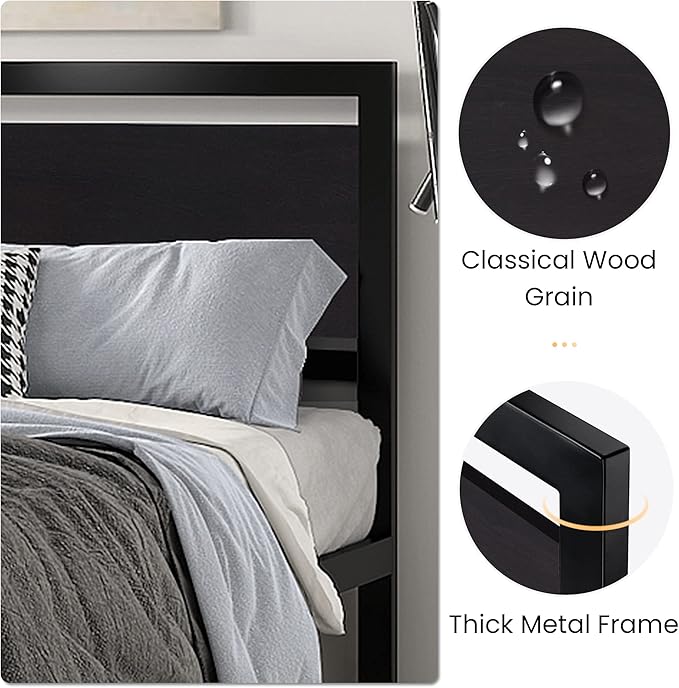 SHA CERLIN Full Size Bed Frame with Modern Headboard, Heavy Duty Platform Metal Base with Square Footboard and 13 Strong Slats Support, No Box Spring Needed, Black