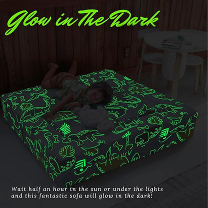 MeMoreCool Modular Kids Sofa,Toddler Play Couch Fold Out for Playroom, Dinosaur Glow in Dark Convertible Plush Foam Chair for Childrens