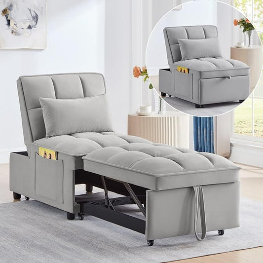 KEIKI Velvet Single Convertible Sleeper Chair Sofa Bed with Adjustable Backrest, Pillows & Storage Pockets, 3 in 1 Pull-Out Couch Chaise Lounge Recliner for Living Room Balcony Bedroom, Grey