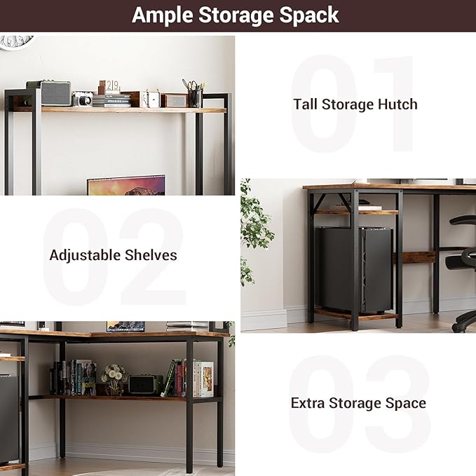 Unikito L Shaped Gaming Desk with LED Strip and Power Outlets, Reversible L-Shaped Computer Desk with Storage Shelves, Corner Desk with Hutch, 2 Person Home Office Desk, Rustic Brown