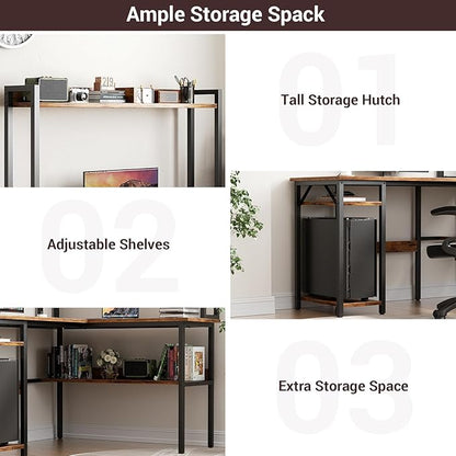 Unikito L Shaped Gaming Desk with LED Strip and Power Outlets, Reversible L-Shaped Computer Desk with Storage Shelves, Corner Desk with Hutch, 2 Person Home Office Desk, Rustic Brown