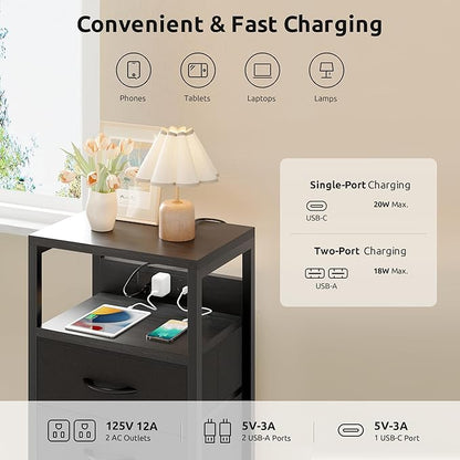 NightStand Bedside Charging Table Bedroom - Black Night Stand with Charger Station, Modern Bed Side End Table with Open Shelf & 4 Fabric Drawers, USB-C USB Ports & AC Outlets for Dorm Living Room