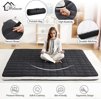 Welnow Japanese Futon Floor Mattress, Twin Size Thick Tatami Mat Portable & Foldable Roll Up Floor Bed Mattress with Storage Bag, Sleeping Pad for Adults, Dorm, Guest Bed, Camping and Travel, Black