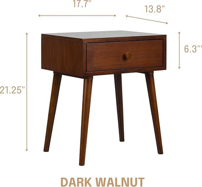 NTC Lux Solid Wood Nightstand with Drawer, Mid Century Modern Side Table Bedroom, Bedside Furniture, Night Stand, End Table, Easy Assembly - Dark Walnut