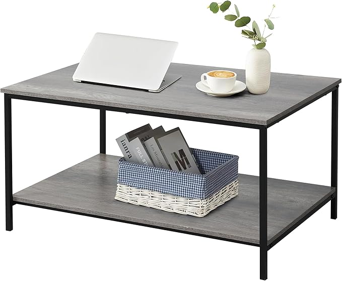 SENIG 2-Tier Coffee Table with Storage Shelf for Small Living Spaces, Grey Oak Rectangle Wood and Sturdy Metal Side End Table, Stable Metal TV Stand, Functional Center Table for Living Room