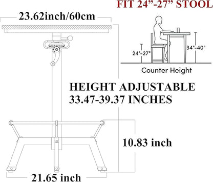 LOKKHAN Industrial Bar Table-33.5-39.4 Inch Tall-Adjustable Bar Height Pub Table-23.7 Inch Swivel Round Wood Top Metal Base-Easily Adjusts by Crank Handle