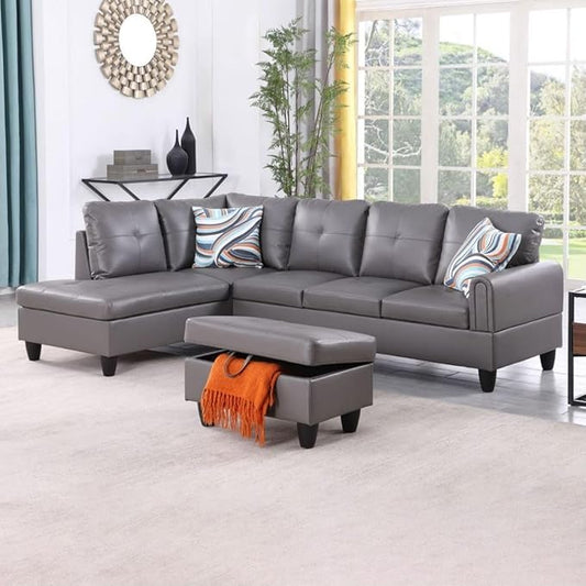 Dark Grey L-Shaped 3-Piece Faux Leather Sofa with Storage Ottoman Set, Sectional Couch Sofa Set for Living Room, Office, Small Space