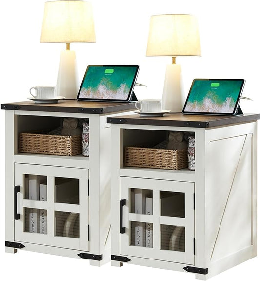 Farmhouse Nightstand with Charging Station, Rustic End Table with Tempered Glass Barn Door, Wood Sofa Side Bedside Table with Open Storage Shelf for Living Room, Bedroom, White, 2 Pack