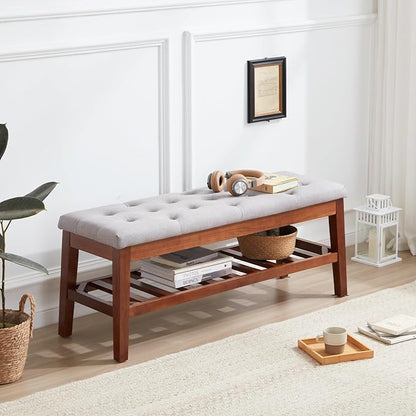 Upholstered Shoe Bench Entryway Bench for Bedroom, End of Bed, Ottoman Bench Tufted Padded Seat with Solid Wood Shelf for Living Room, Linen Ash Gray
