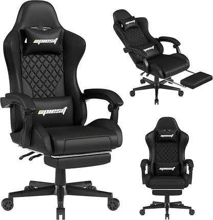 Gaming Chair,Ergonomic Computer Chairs for Adults with Footrest, PU Leather Office Chair with Adjustable Lumbar Support & Pocket Spring Cushion - Heavy Duty 400lb Capacity Gamer Chair(Black)