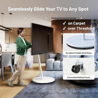 WALL Seven Stand A2 Grand | Rolling TV Stand for 45–80" w/ 15.75" AV Shelf | Satin White | Portable TV Stand with Shelf | Height Adjustable, Space Saving, for Living Room, Bedroom and Office
