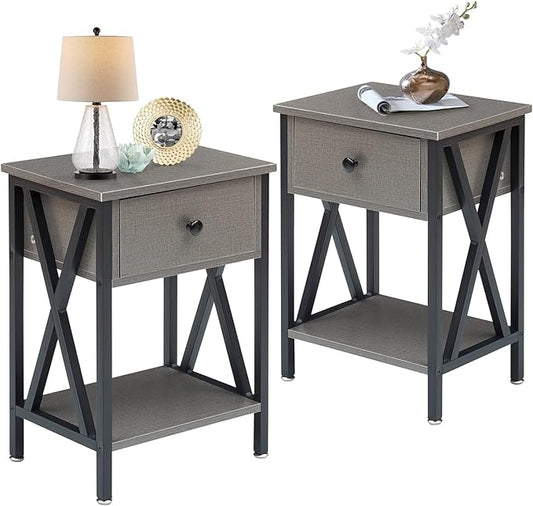 VECELO Nightstands Set of 2, Modern Bedside End Tables, Night Stands with Drawer and Storage Shelf for Living Room Bedroom, Industrial Metal Frame