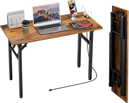TEMI Small Computer Desk Folding Table - No Assembly, Compact 44.3" Foldable Desk with Power Outlets & USB Charging Port, Portable Small Office Desk, Ideal Mini Study Table for Narrow Spaces, Brown