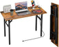 TEMI Small Computer Desk Folding Table - No Assembly, Compact 44.3" Foldable Desk with Power Outlets & USB Charging Port, Portable Small Office Desk, Ideal Mini Study Table for Narrow Spaces, Brown