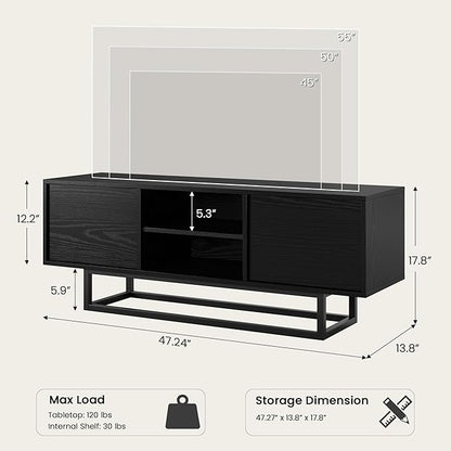 HAIOOU TV Stand for 50 55 Inch TV, Modern TV Console Small Entertainment Center with Sturdy Metal Base, Push-to-Open Doors and Soft-Close Hinges for Living Room, Bedroom - Wood Grain Black