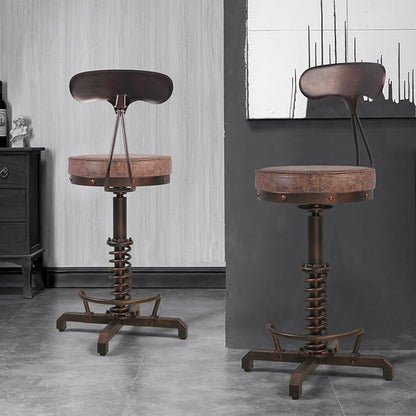 Industrial Bar Stool with Metal Backrest Rustic Coffee Stools with Swivel Leather Seat Vintage Kitchen Island Chair Farmhouse Dining Chairs 24.4-28.3inch Height Adjustable