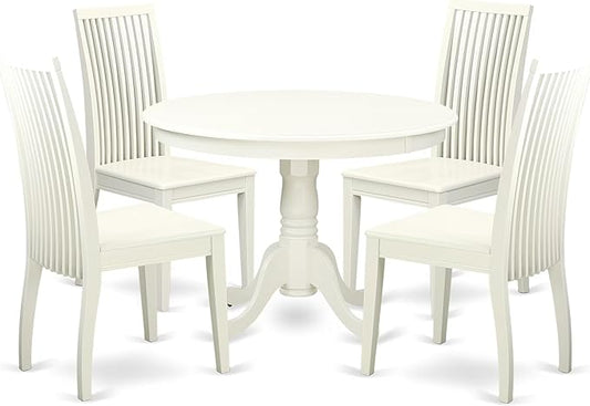 East West Furniture HLIP5-LWH-W 5 Piece Kitchen Table Set for 4 Includes a Round Dining Table with Pedestal and 4 Dining Room Chairs, 42x42 Inch, Linen White