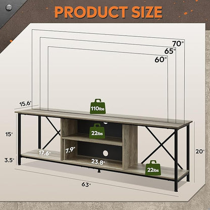 WLIVE TV Stand for 70 Inch TV, Entertainment Center with Storage, Industrial TV Console for Living Room and Bedroom, Greige