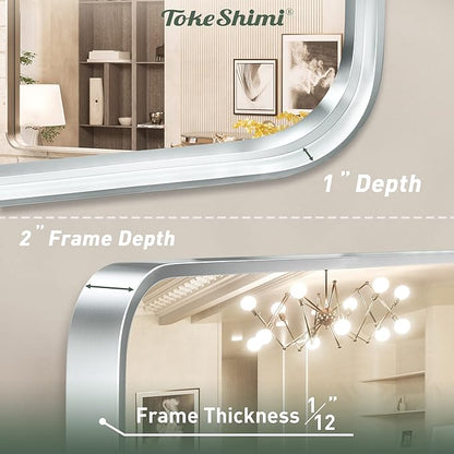 TokeShimi 30 x 36 Inch Brushed Silver Bathroom Mirror for Wall Brushed Brass Metal Rounded Corner Rectangle Mirror Metal Frame Deep Set Design Hangs Horizontal Or Vertical
