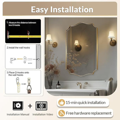 Gold Bathroom Mirror, Irregular Wall Mirror, Asymmetrical Mirror with Anti-Rust Metal Frame, 24x36 Gold Mirrors for Wall Decor, Bedroom, Dining Room, Powder Room, Entryway, Mantel, Foyer