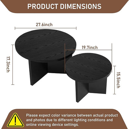 Round Nesting Coffee Tables Set of 2, Modern Stacking Table with Wood Grain Finish, End Table Side Tables for Living Room (Black)