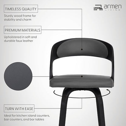 Armen Living Shelly 26" Counter Height Swivel Gray Faux Leather and Black Wood Bar Stool
